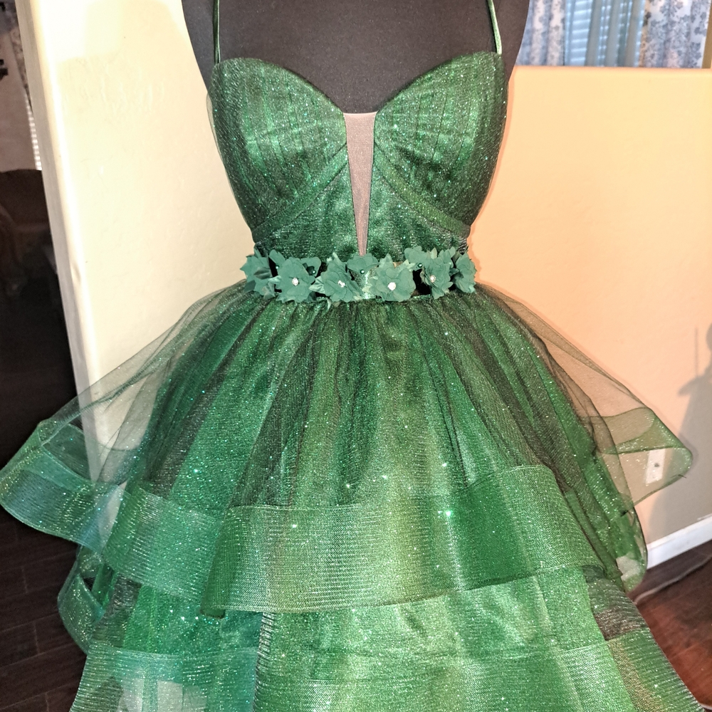 Green Glitter Strapless Dress with Floral Belt